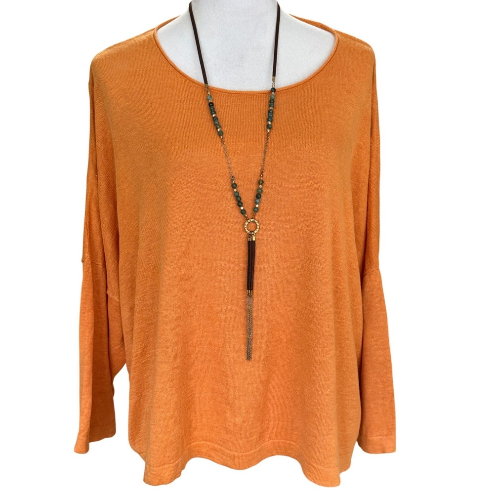 Eileen Fisher 100% Organic Linen Jewel Neck Box Top Sweater L XL Slub Knit
